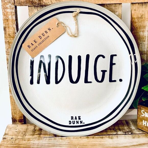 NWT Rae Dunn Rare! Silver & Black Glass “INDULGE” 8.5” D Plate - Picture 1 of 10